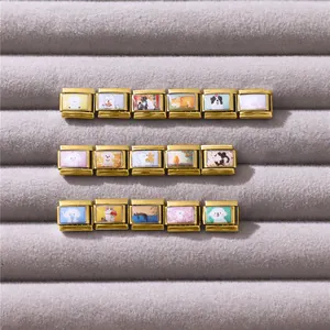 Italian charm links featuring colorful cat and dog illustrations on golden metal bases