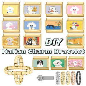 Italian charm bracelet links featuring cute hand-painted cat and dog animal motifs