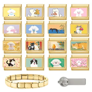 Italian charms set with cute pet illustrations and stainless steel modular bracelet