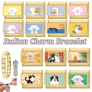 Detail of Italian charm bracelet links featuring gold finish and cute pet illustrations