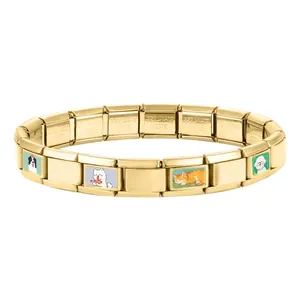 Detail of Italian charm bracelet showing stainless steel stamp and pet illustrations