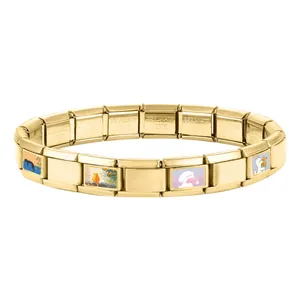 Detail of Italian charm bracelet with golden stainless steel links and cat puppy charms