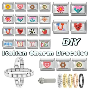 Detail of colorful DIY Italian charms and stainless steel bracelets in multiple finishes
