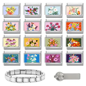 Detail of 16 colorful floral stainless steel modular charms for DIY bracelets with tool