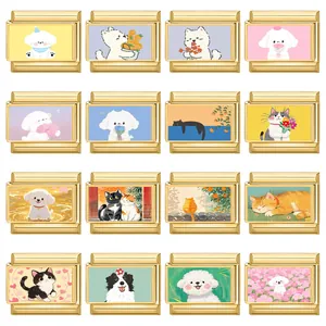 Gold Stainless Steel Italian Charm Links Cute Cartoon Pet Cat Dog Pattern For DIY Modular Bracelet Jewelry Accessories Women