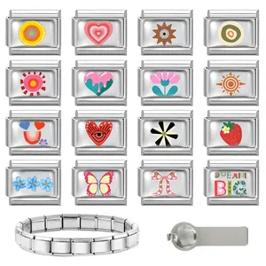 Macro detail of Italian charm bracelet links featuring colorful heart and floral patterns