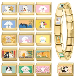 Italian modular charm bracelet in gold stainless steel featuring cute pet animal patterns