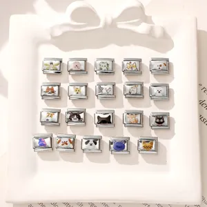 Detailed close-up of 19 assorted Italian charms featuring cute cartoon cat and dog designs