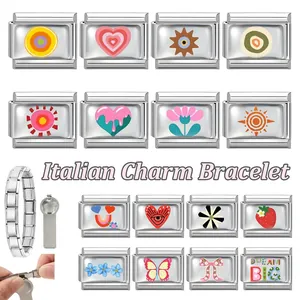 Detailed set of 16 Italian charm links with floral patterns and a DIY assembly tool