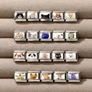 Italian charms with colorful hand-painted animal pets on polished stainless steel links