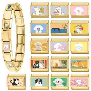 Italian charm bracelet in gold stainless steel with cartoon cat and dog animal modules