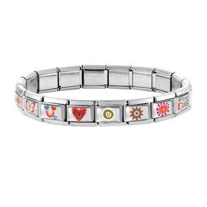Detail of modular stainless steel Italian charm bracelet with colorful art links