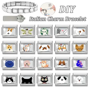 Macro detail of DIY Italian charm bracelet set with pet charms and assembly tool