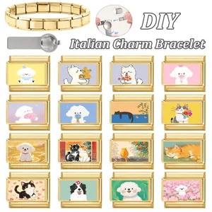 Italian charm bracelet in gold stainless steel with 16 different cartoon pet designs