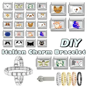 Macro view of modular Italian charms with cartoon pet dog and cat illustrations on metal
