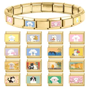 Italian charm bracelet in gold stainless steel with 16 modular pet illustration links