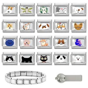 Macro shot of stainless steel Italian modular charm links featuring colorful pet patterns