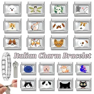 Macro view of modular Italian charm bracelets with cute cartoon pet cat and dog designs