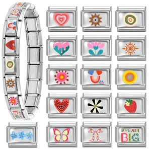 Italian charm bracelet in polished stainless steel with colorful modular DIY links
