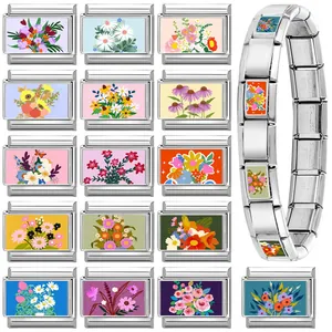 Italian charm bracelet in polished stainless steel with sixteen colorful floral modules