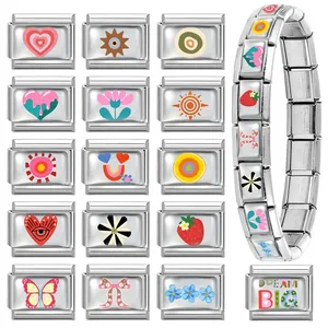 Italian modular charm bracelet in stainless steel with colorful DIY enamel heart links