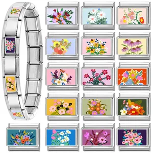 Italian charm bracelet in stainless steel with colorful floral enamel links on white base