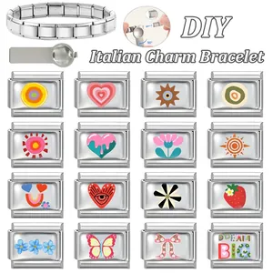 Italian modular charm bracelet kit with 16 decorative stainless steel enamel link charms