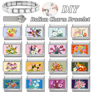 DIY Italian charm bracelet set with 16 floral stainless steel links and assembly tool