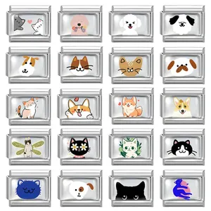 Stainless Steel Italian Charm Link Cute Cartoon Pet Cat Dog Pattern For DIY Modular Bracelet Jewelry Making Personalized Gift