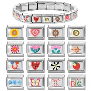 Italian modular charm bracelet with 16 customizable stainless steel heart and flower links