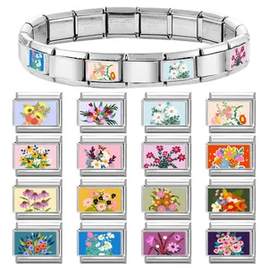 DIY Italian modular charm bracelet with colorful flower patterns in polished stainless steel
