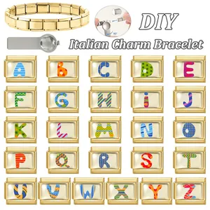 Macro view of DIY Italian charm bracelet set with gold letters and stainless steel links