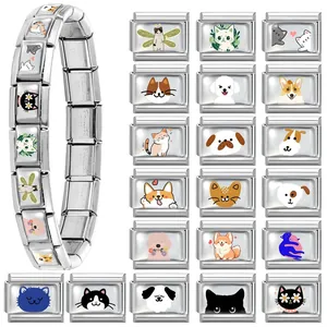 Italian charm bracelet with colorful cartoon cat and dog stainless steel links
