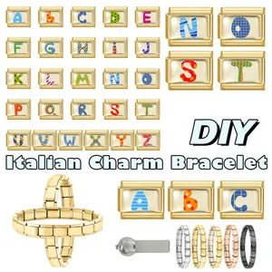 Macro detail of DIY Italian modular charm bracelet featuring colorful alphabet links