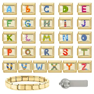 Macro view of Italian charm links with A-Z letters and stainless steel tool