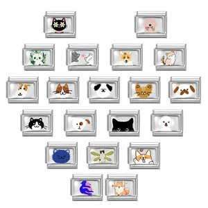 Italian charm bracelet links featuring cute cartoon cats and dogs on stainless steel base