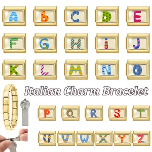 Italian modular charm bracelet kit with 26 gold letters and assembly tool for DIY jewelry