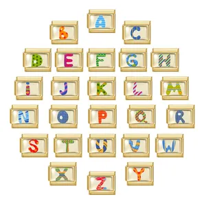 Gold modular Italian charm bracelet links with colorful 26 alphabet letters pattern