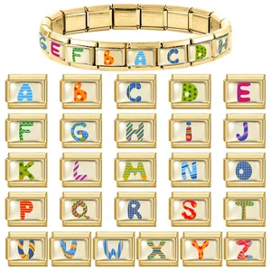 Italian charm bracelet in gold stainless steel with 26 colorful DIY alphabet modules