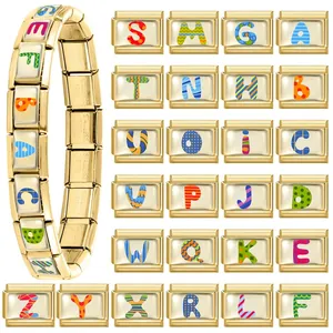 Customizable gold stainless steel Italian charm bracelet with colorful letter links