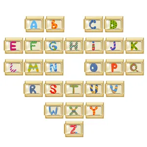 Italian modular charm bracelet links with gold base and colorful alphabet patterns