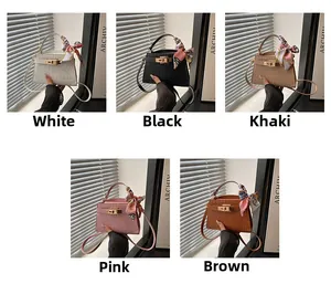 Collage of crocodile pattern square handbags in five colors with silk scarf handles