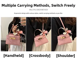 Pink crocodile pattern square bag shown in handheld, crossbody, and shoulder styles