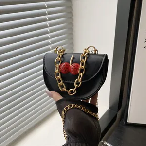 Women Mini Saddle Bag PU Leather 3D Cherry Decoration Gold Chain Crossbody Shoulder Bag Commuter Sweet Fashion Handbag