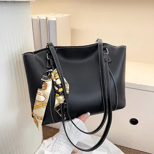 Sac Cabas Femme Mode Surpiqûres Contrastées Cuir PU Sac à Épaule Avec Foulard Décoratif Grande Capacité Décontracté Bureau