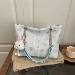 Floral bucket tote bag in light blue with rose pattern and cute cloud charm