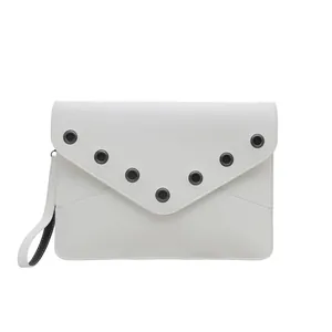 Minimalist white envelope clutch bag with metal eyelets and wrist strap for women