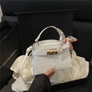 White crocodile embossed square handbag with silk scarf and gold lock in a black gift box