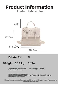 Size chart showing 18.5cm mini polka dot backpack with multiple carrying methods