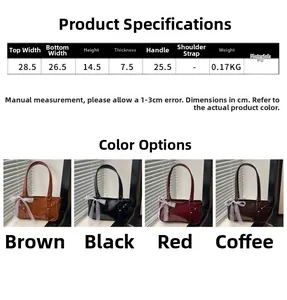 Detailed size parameters and color options for the French bow baguette shoulder bag